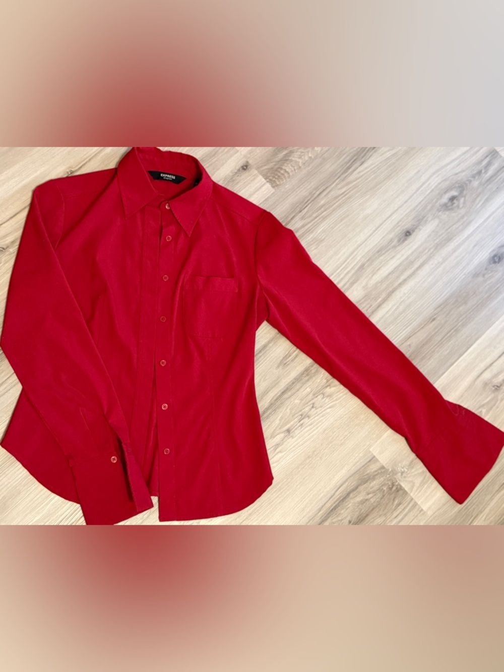Red Stretch Fitted Button-Down Shirt with Flared Sleeves by Express (Size 1/2)